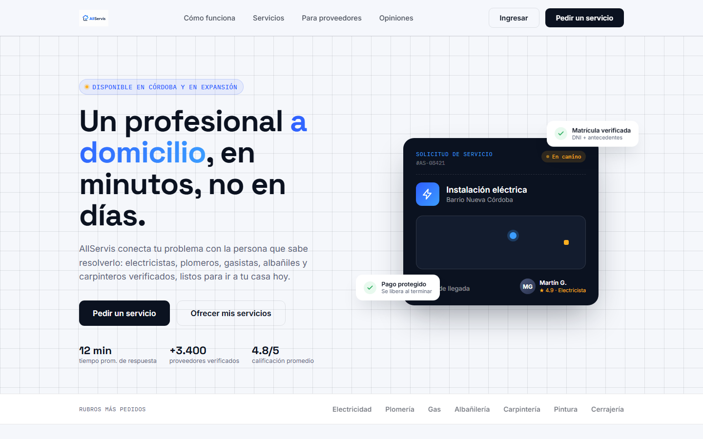 Portada del sitio de AllServis con el titular Un profesional a domicilio, en minutos, no en días y una tarjeta de solicitud de servicio
