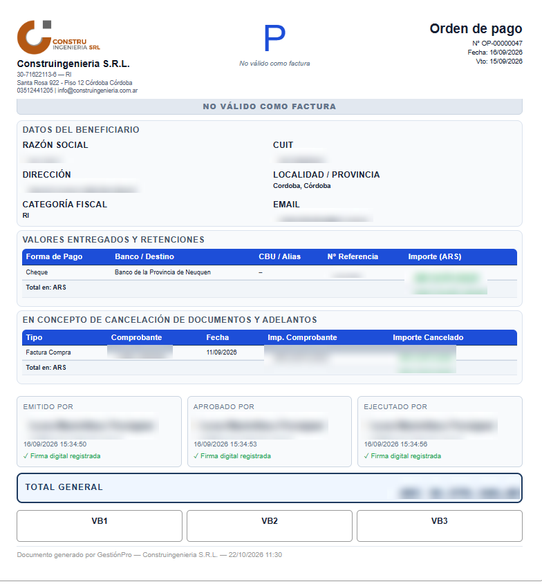 Orden de pago generada por el sistema, con datos del beneficiario, valores entregados, comprobantes cancelados y las firmas digitales de quien la emitió, la aprobó y la ejecutó, cada una con fecha y hora. Datos del beneficiario, nombres y montos ocultos